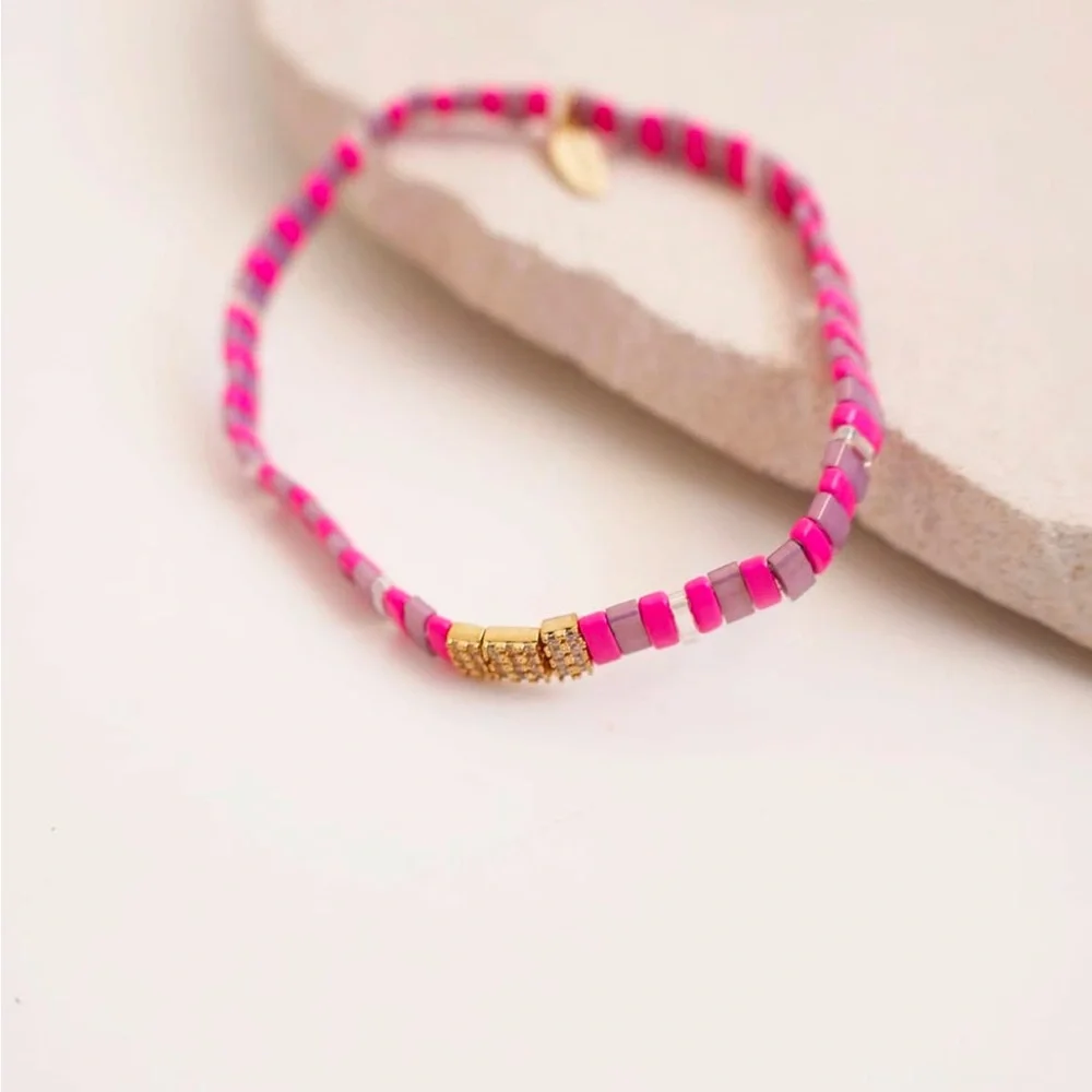 Anthropologie Pink Beaded Stretch Bracelet with Gold Accent